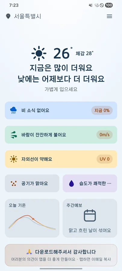 모두날씨의 기본 화면. 화면에 나오는 문구는 바로 아래에 글자로 옮겨 적었습니다.